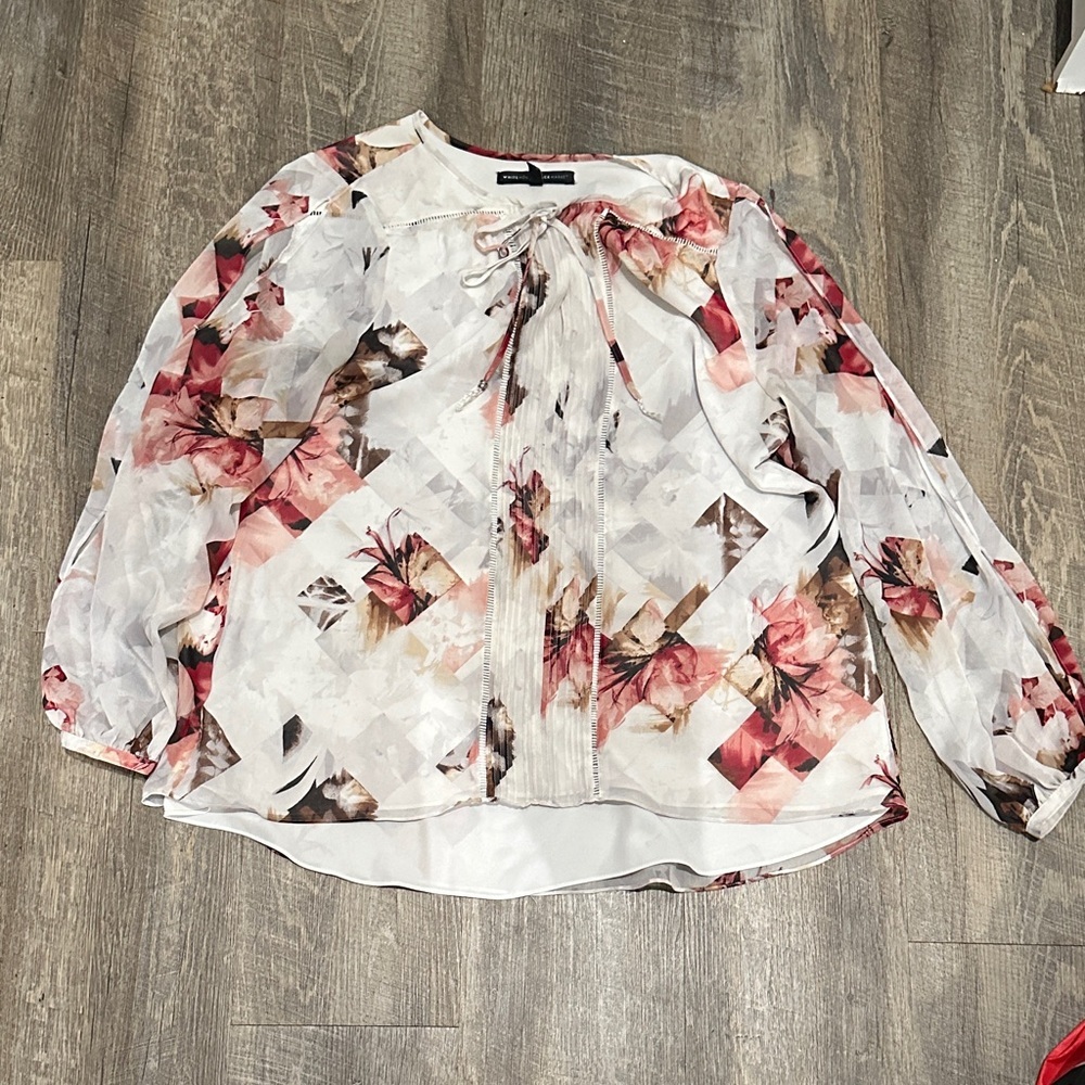 White House Black Market Abstract Floral Blouse - White and Red